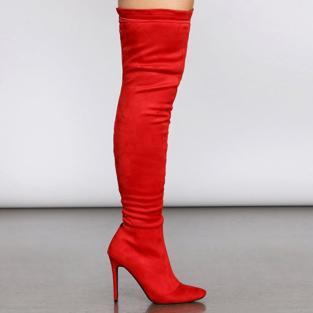 New Red Stretchy Over The Knee Thigh High Boot Gold Studded Stiletto High Heel - Picture 4 of 8